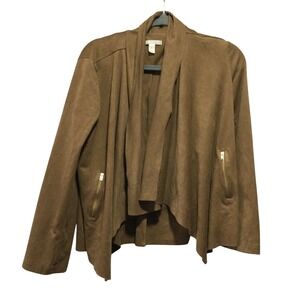DANA BUCHMAN Brown Suede Waterfall OpenFront ZipPocket Cardigan Jacket Women's L